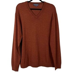 100% Extra Fine Merino Wool V-Neck Sweater Rust Brown Hart Schaffner Marx Sz. XL